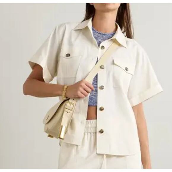 Frame Cotton Linen Blend Patch Pocket Utility Cropped Short Sleeve Top Cream XS - Picture 3 of 10